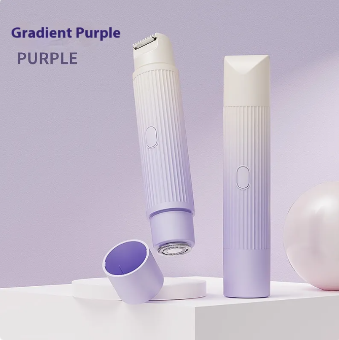 Dual-head electric shaver in gradient purple with removable head, ergonomic grip, and sleek design for hair removal.