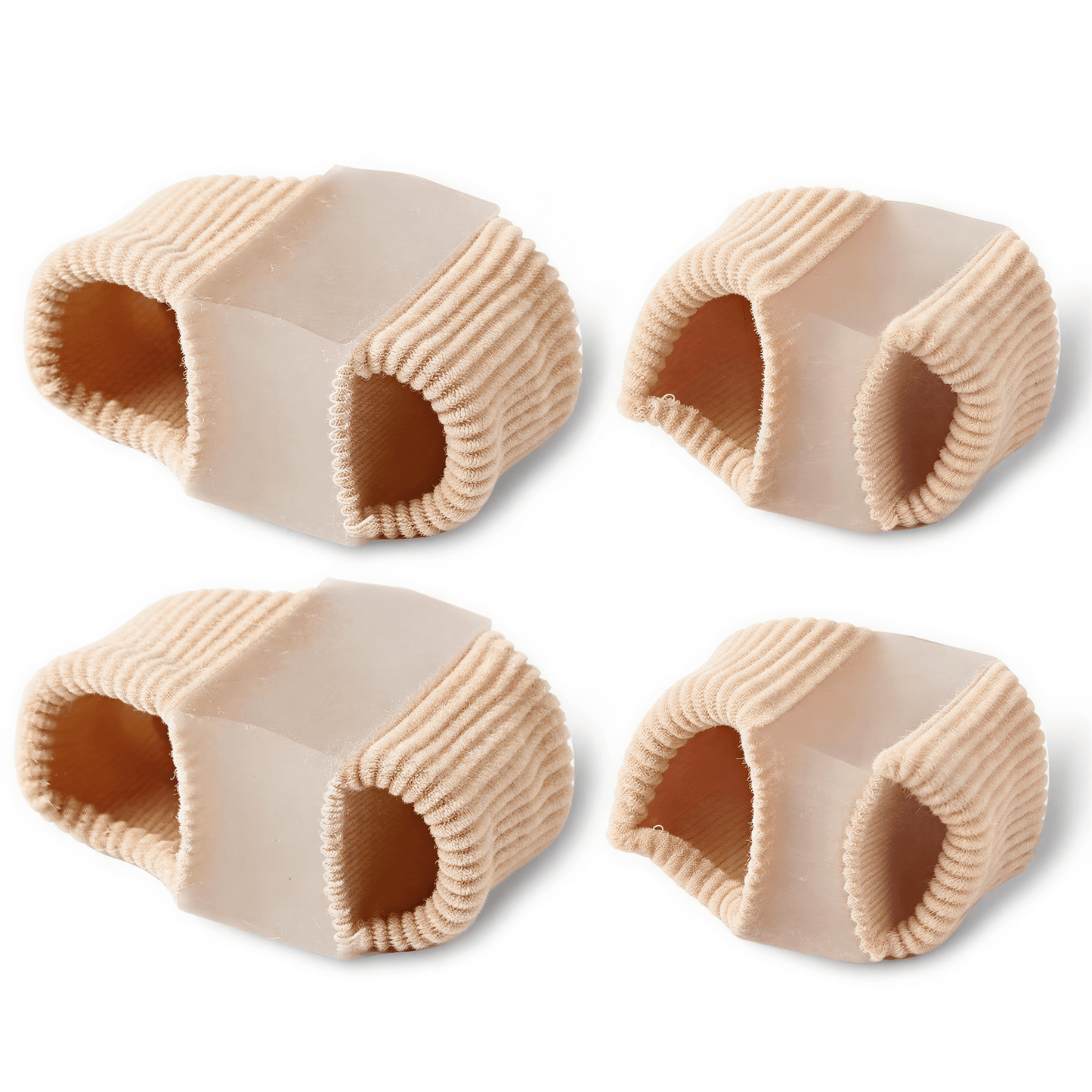 Fiber toe separators in a beige color, featuring a soft texture and open design for comfort and alignment.