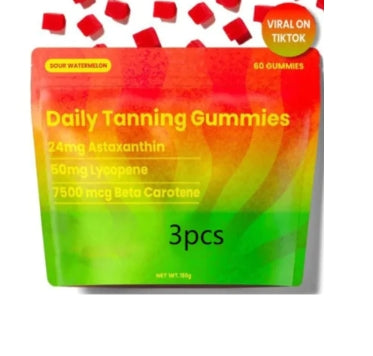 Sun tanning soft gummies from My Store, 60 tablets, showing the gummy supplements in a clear container with a sunny background.