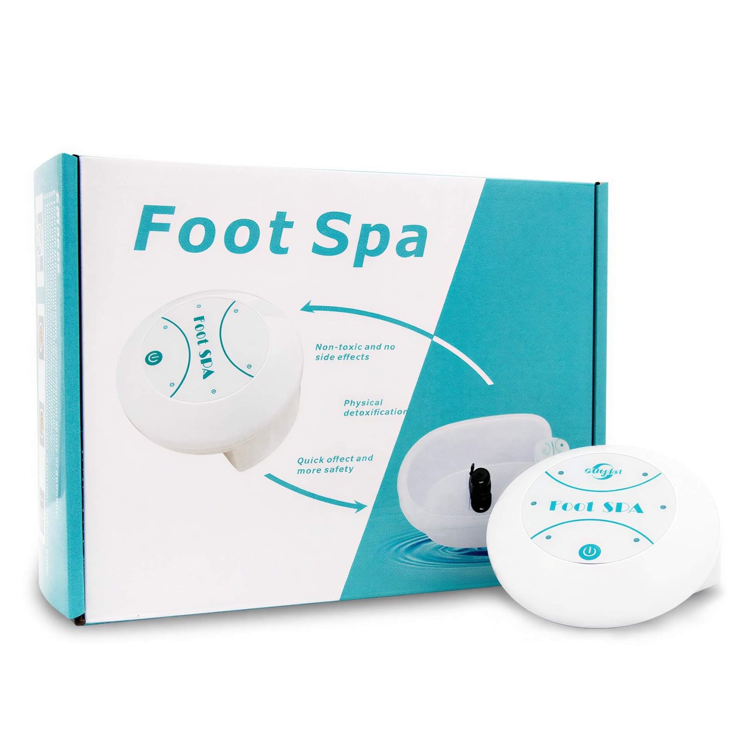 Mini foot massager in a white box with blue accents, labeled "Foot Spa," featuring a control panel and foot bath.
