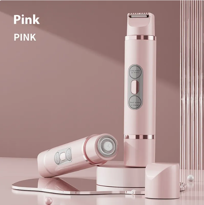Dual-head electric shaver in pink, featuring a sleek design and multiple attachments on a reflective surface.