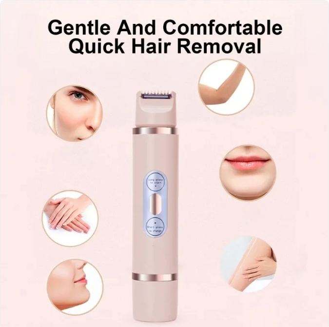 Dual-head electric shaver in light pink, designed for painless hair removal on various body areas, with control buttons vi...