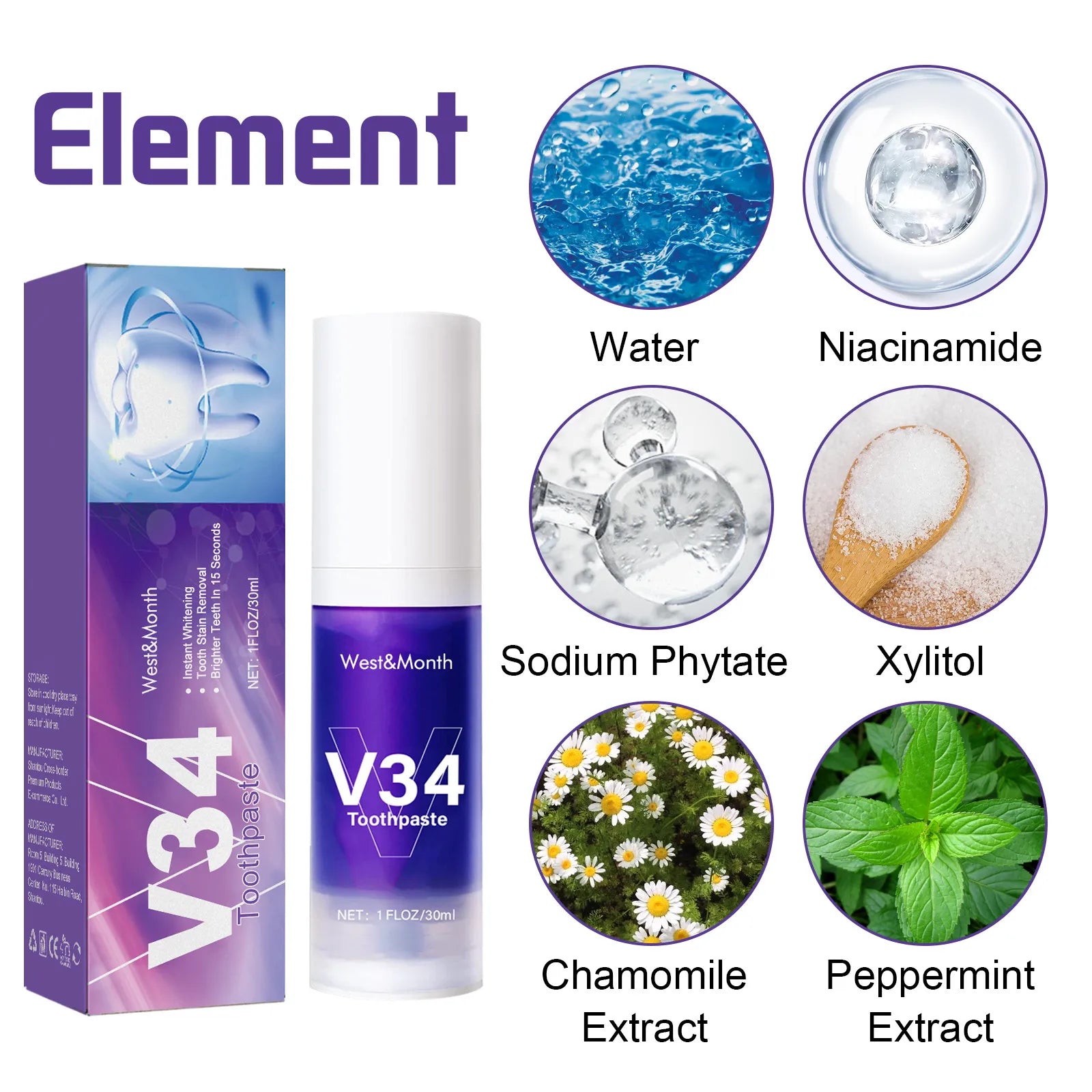 V34 Tooth Cleaning Mousse from My Store showing foaming dental care product in a clear bottle with blue and white packaging.