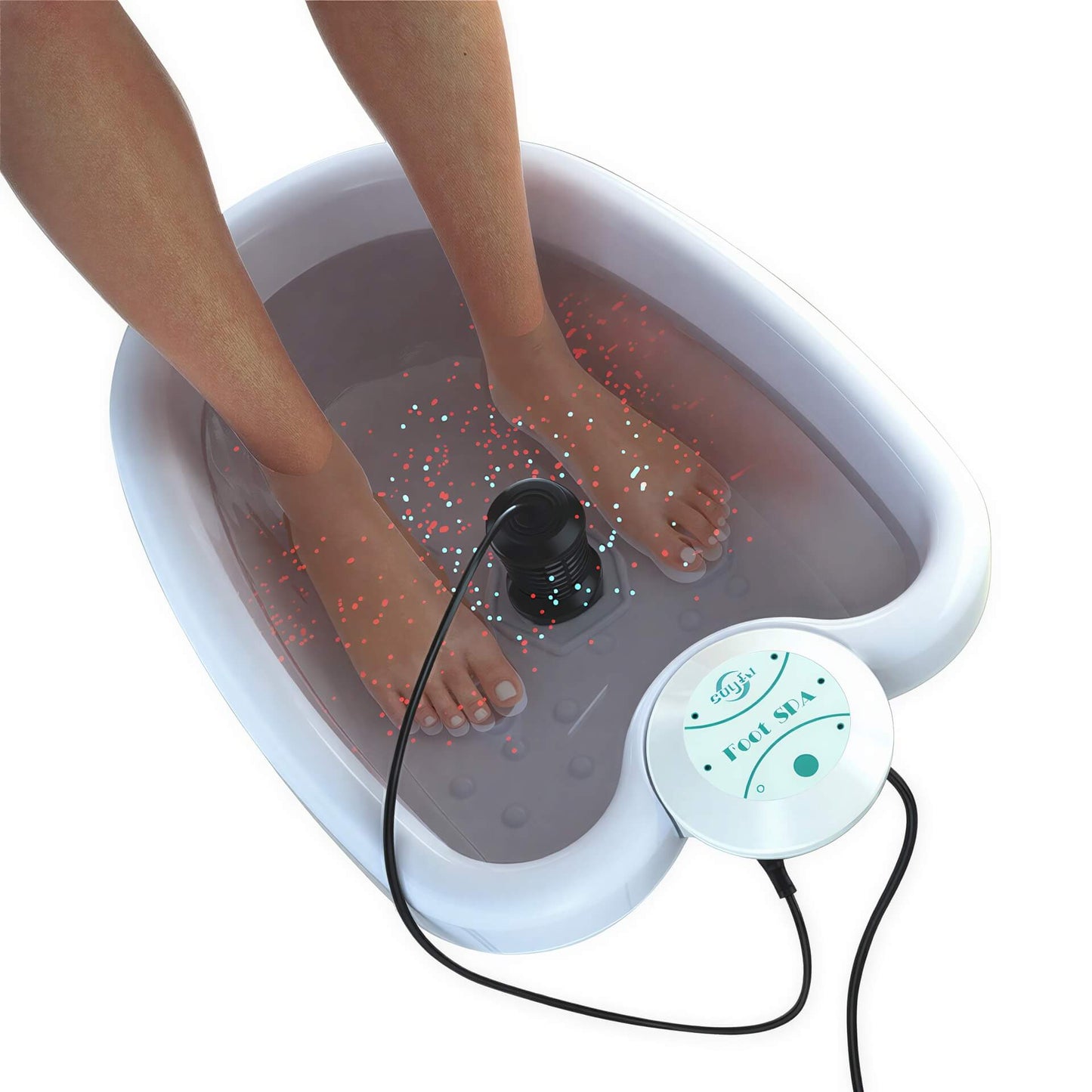 Mini foot massager with a white basin, feet submerged in water, and a control panel on the side.