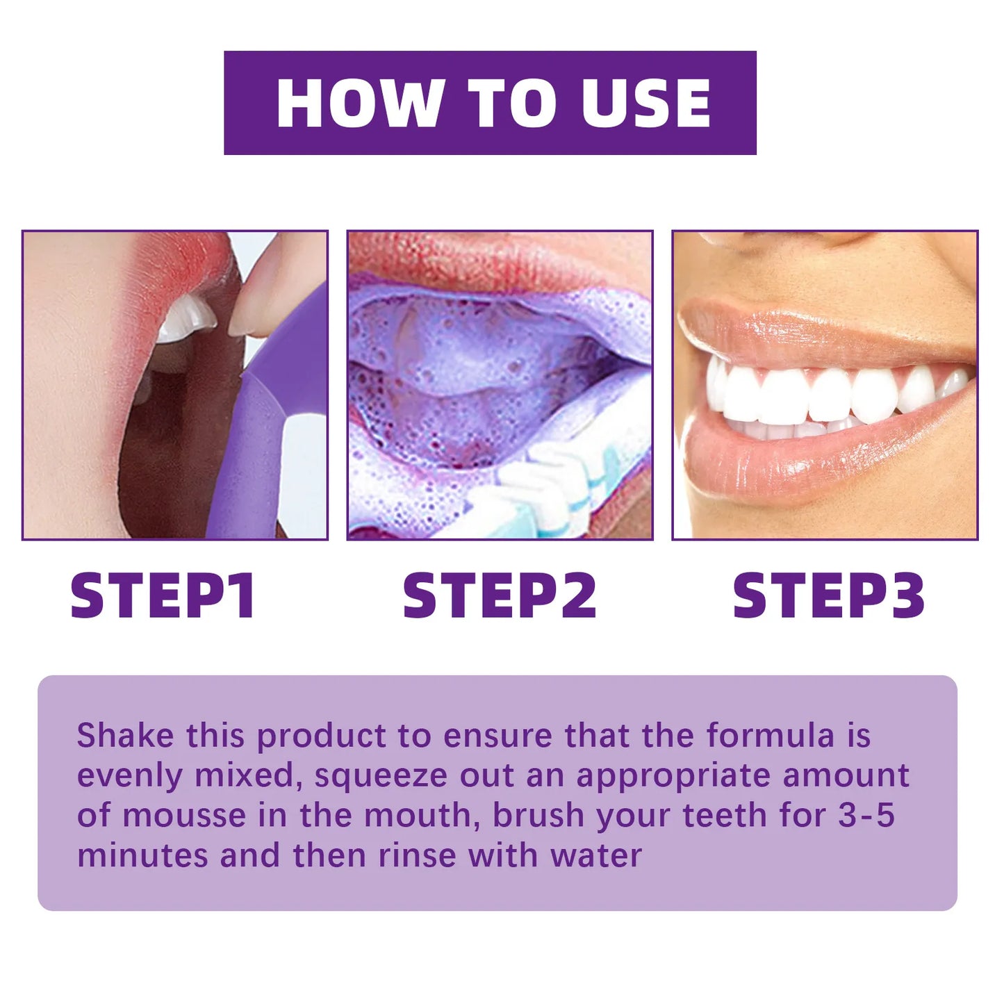 V34 Tooth Cleaning Mousse from My Store, showing white foam in a clear container for oral hygiene and fresh breath.