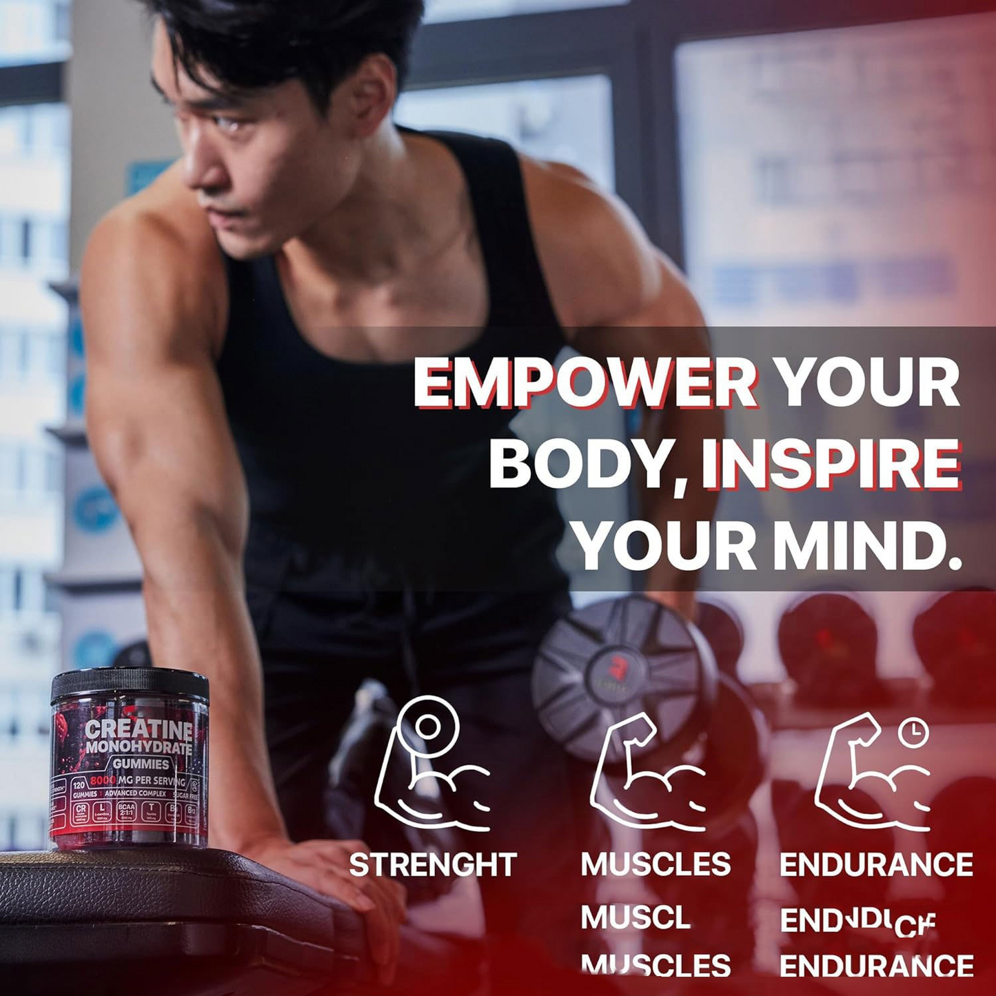 Active Thrive Muscle Boost Gummies with colorful fruit-flavored gummy vitamins for muscle health and recovery.