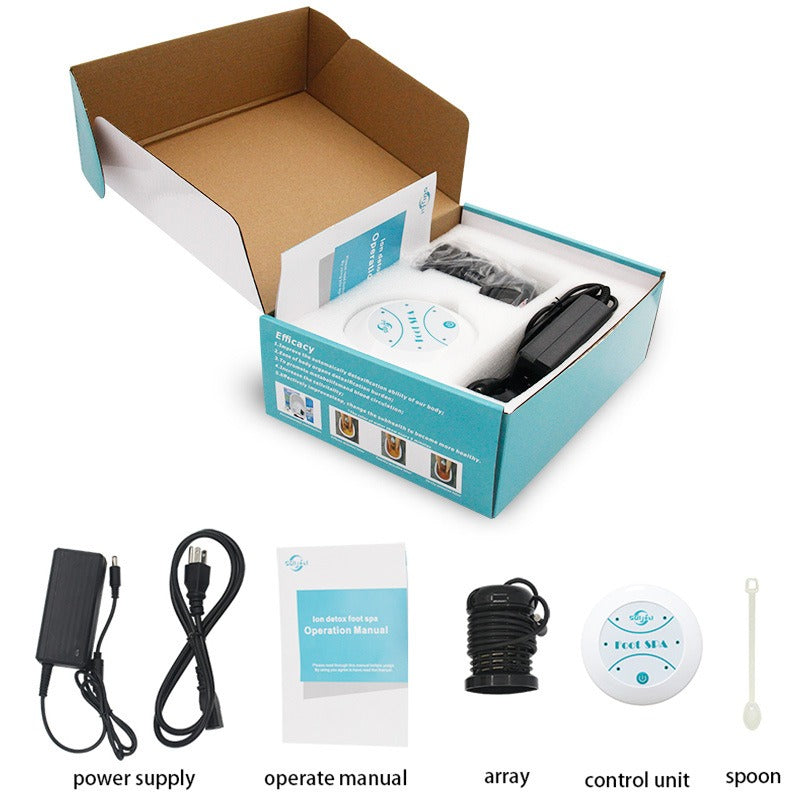Mini foot massager with control unit, power supply, array, and operation manual in a cardboard box.
