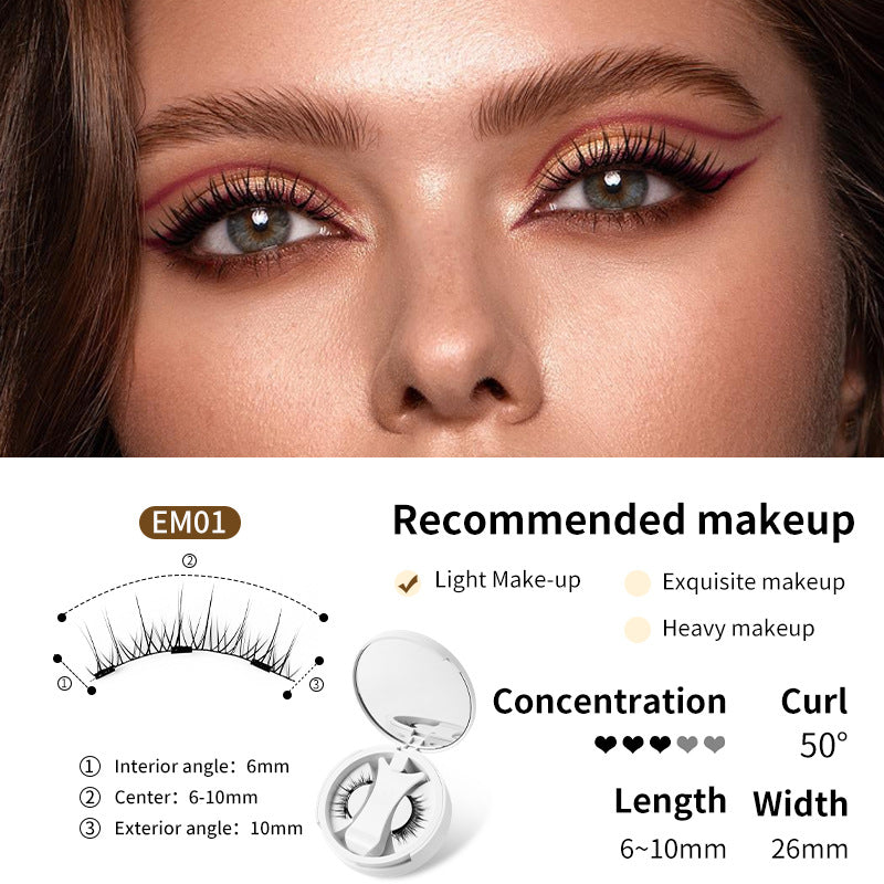 Magnetic false eyelashes set with applicator, featuring sleek black lashes for natural or dramatic eye enhancement.