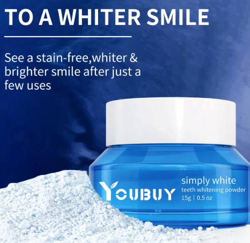Teeth whitening brightening powder in a container with a spoon, designed to enhance smile brightness and oral hygiene.