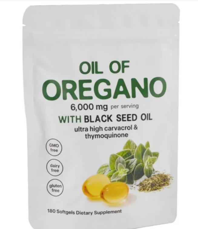 Oil of oregano softgel capsules with black seed oil, 180 count, featuring green text on a white pouch.
