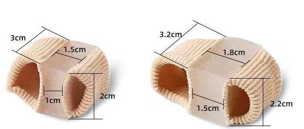Fiber toe separator in beige, featuring two openings for toes, with dimensions labeled for clarity.