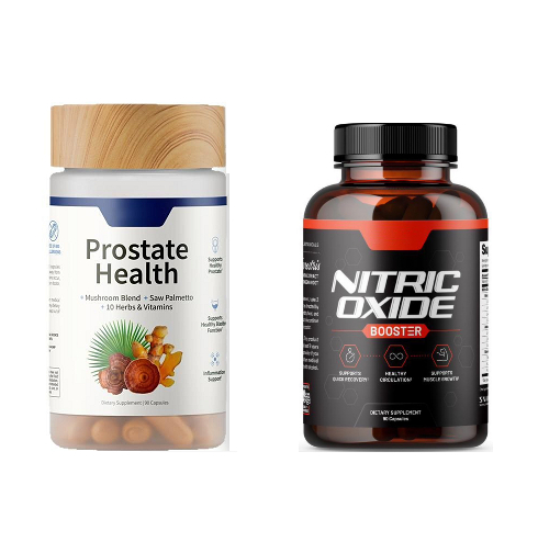 Nitric Oxide and Saw Palmetto capsule set in bottles, dietary supplements for men's health from My Store.