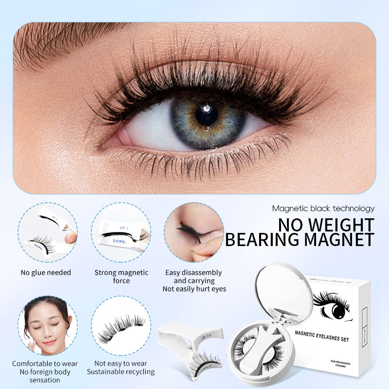 Magnetic false eyelashes set with applicator, featuring six pairs of natural-looking lashes for easy, reusable eye enhancement.