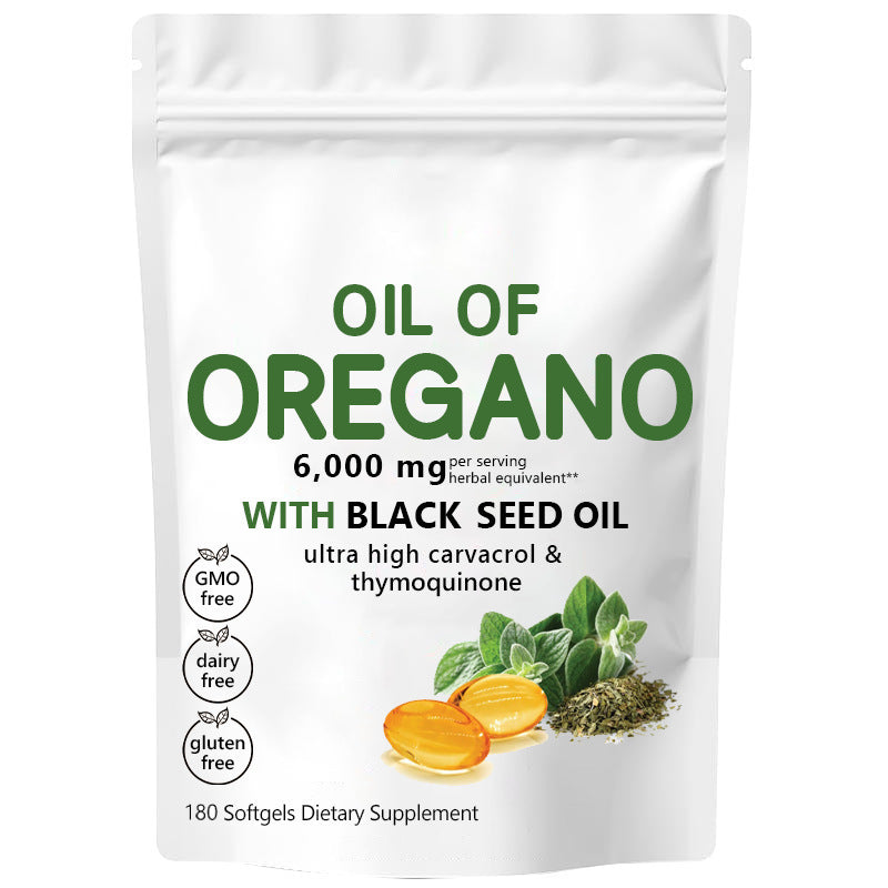 Butter soft capsules in a white pouch, labeled with "Oil of Oregano" and "with black seed oil," containing 180 tablets.