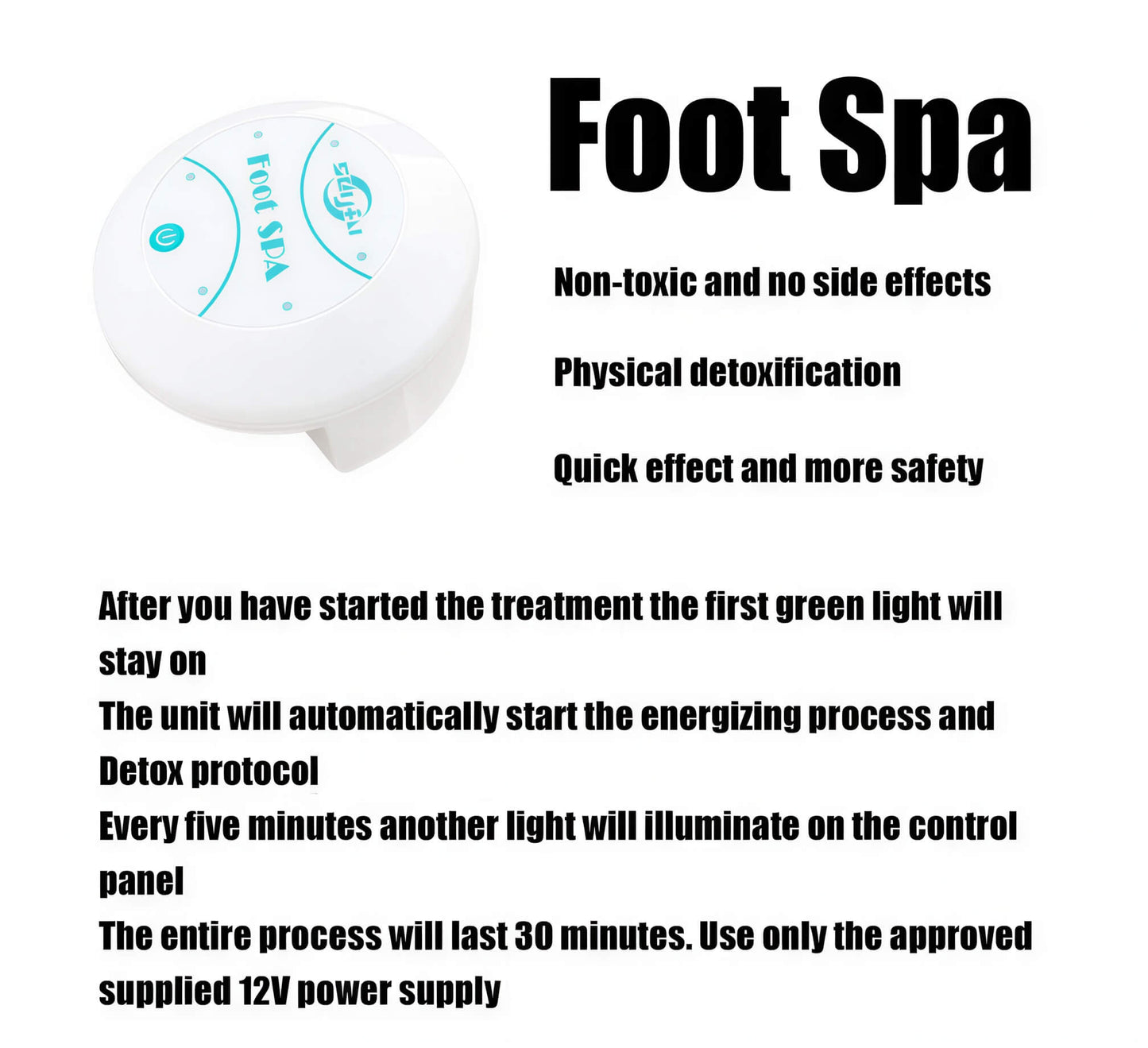 Mini foot massager with control panel, featuring green lights and text for detoxification instructions.