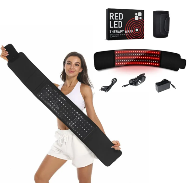 Active Thrive LED Infrared Belt Therapy Device wrapped around a person's waist, emitting infrared light for pain relief and muscle therapy.
