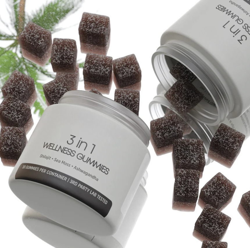 Shilajit 3-in-1 Gummies for Men by My Store, showing the bottle and colorful gummies in a natural setting.