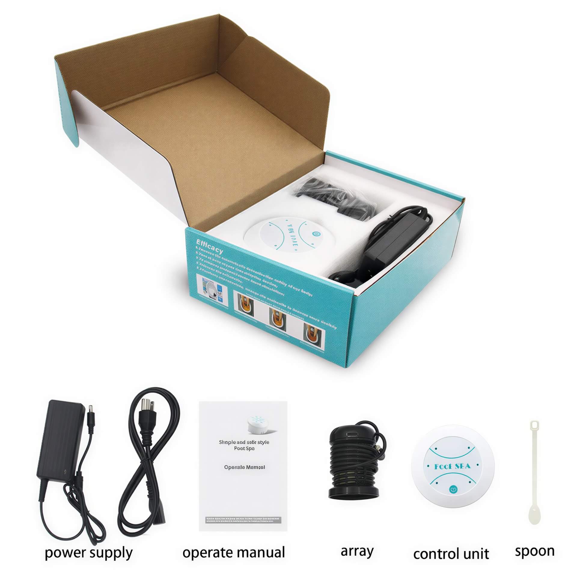 Mini foot massager with control unit, power supply, manual, and accessories in a blue box.