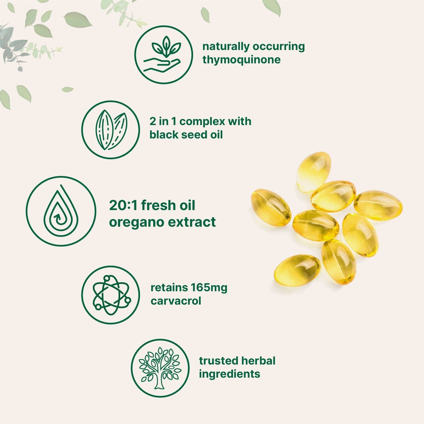 Butter soft capsules in a yellow oval shape, displayed with icons highlighting key ingredients and benefits.