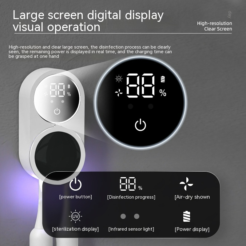 UV toothbrush sanitizer from My Store showing a sleek white device with UV light indicator, designed to disinfect toothbrushes effectively.