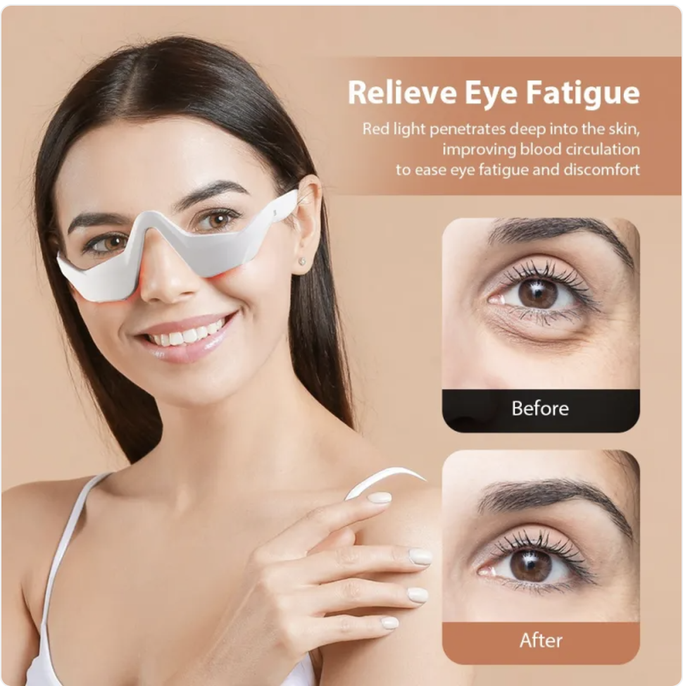 Red light eye massager from My Store with ergonomic design and adjustable strap for soothing eye relief and relaxation.