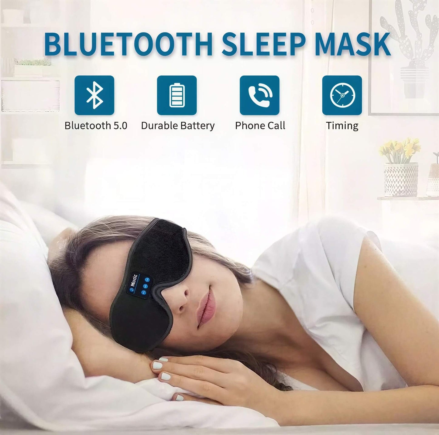 3D eye mask with Bluetooth 5.0, worn by a woman lying down, featuring controls for music and phone calls.