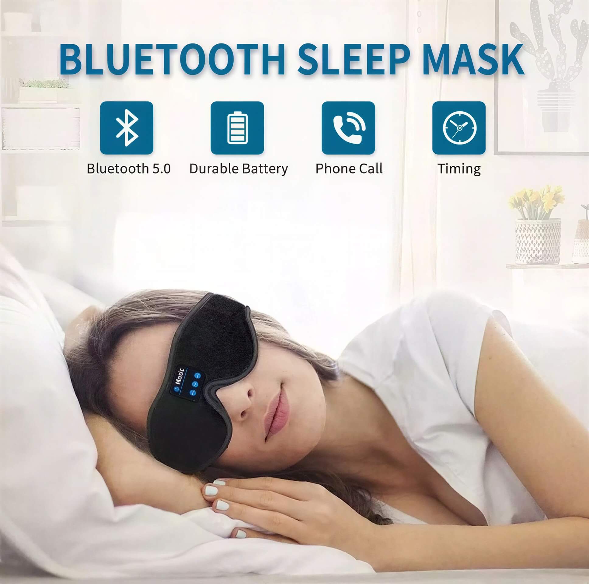 3D eye mask with Bluetooth 5.0, worn by a woman lying down, featuring controls for music and phone calls.