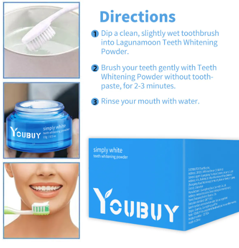 Teeth whitening brightening powder in a jar, featuring a white powder formula for dental brightening and oral hygiene.