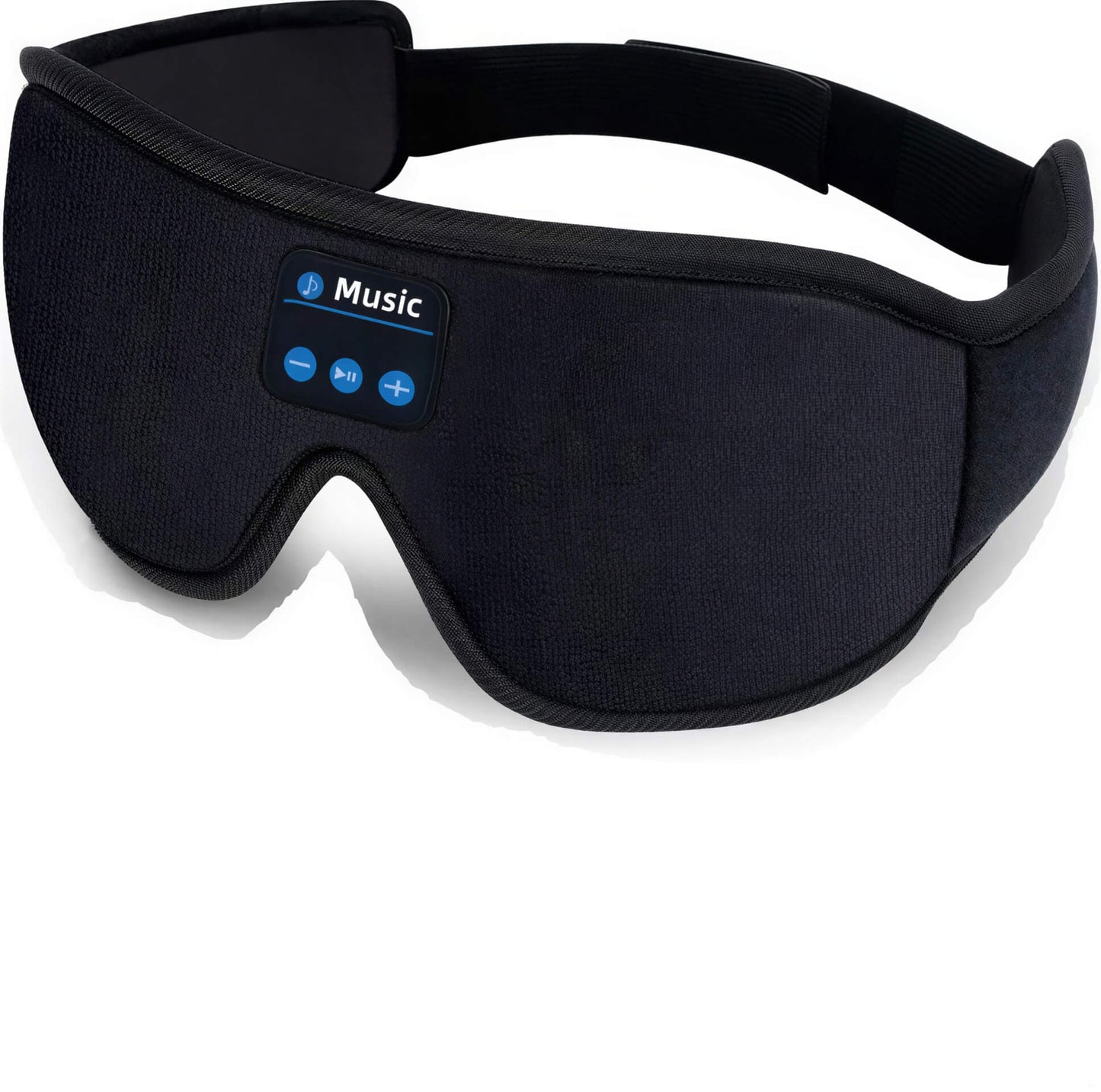 Black 3D eye mask with Bluetooth controls for music playback, featuring a soft fabric design and adjustable strap.
