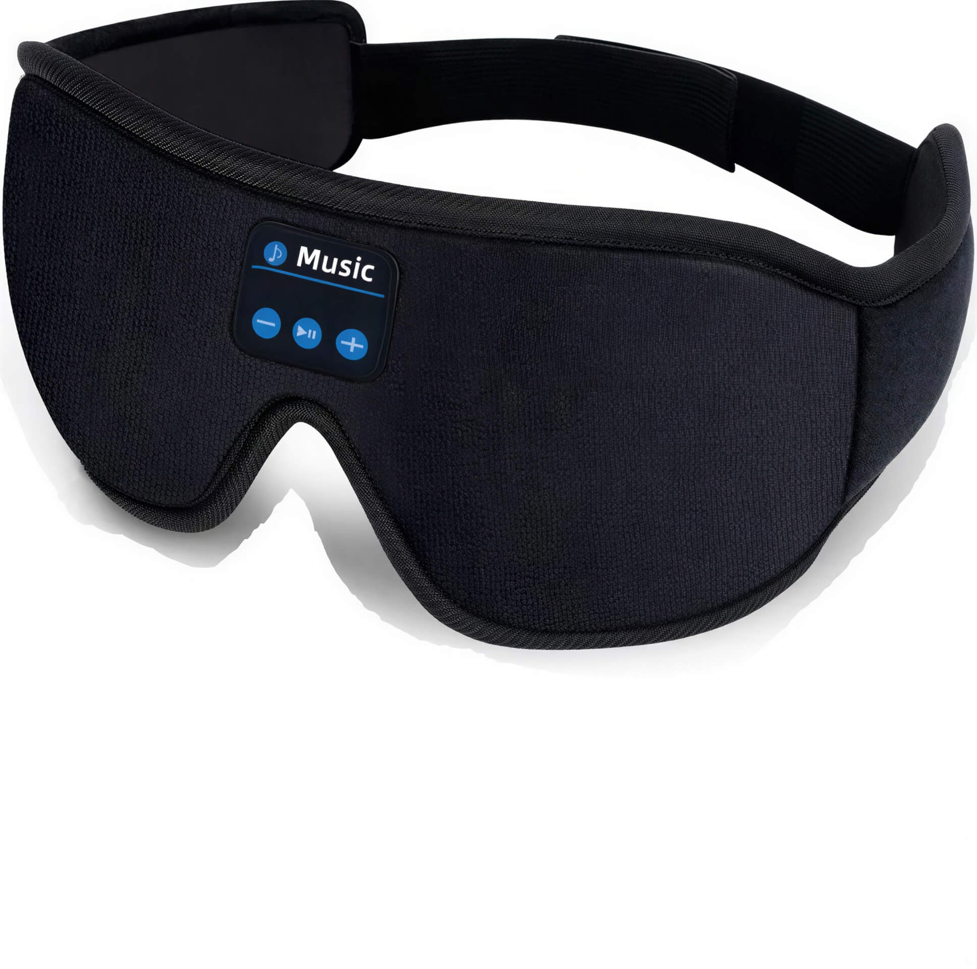 Black 3D eye mask with Bluetooth controls for music playback, featuring a soft fabric design and adjustable strap.