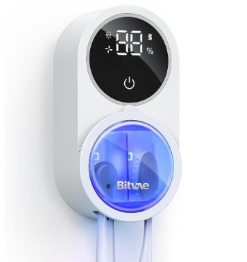 UV toothbrush sanitizer from My Store with a sleek white design, shown with the sanitizer device and toothbrush inside.