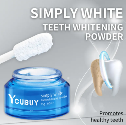 Dental teeth whitening brightening powder by My Store, showing the powder container with a scoop and the product packaging.