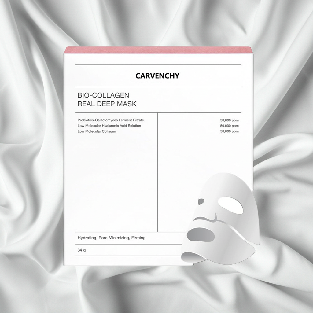 Bio-Collagen Deep Mask by My Store, close-up of the mask's silky texture and application process on a woman's face.