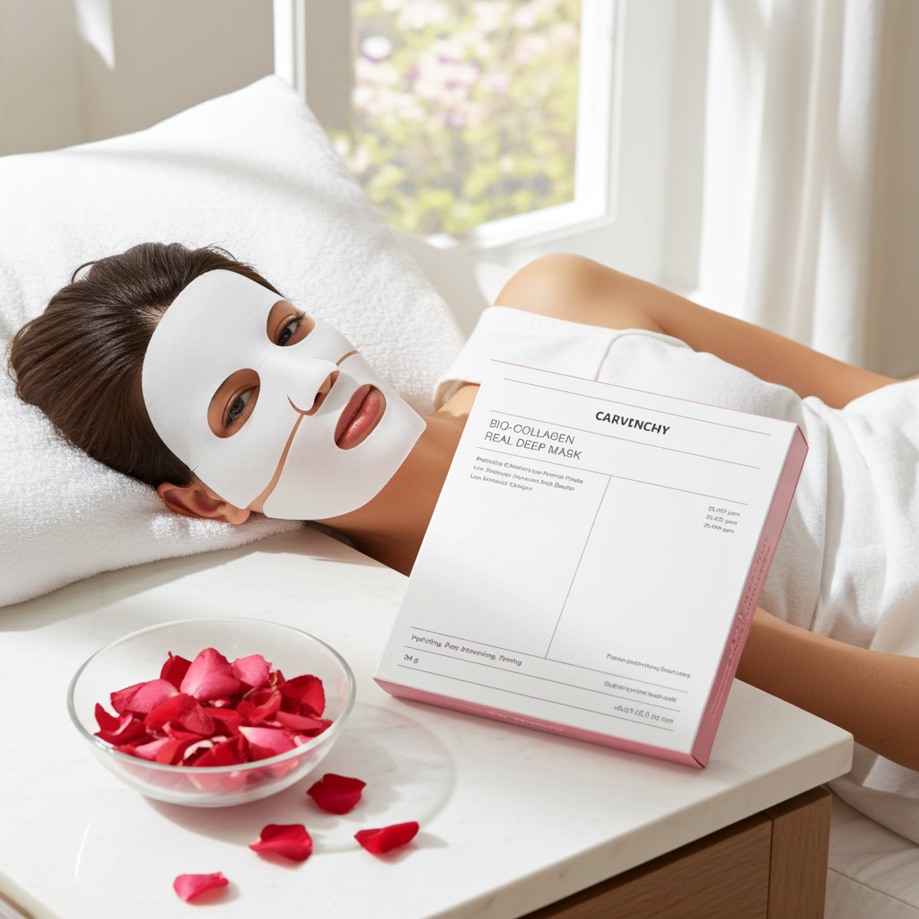 Bio-Collagen Deep Mask by My Store, close-up of the hydrating facial mask with collagen infusion, showing its textured sheet material.