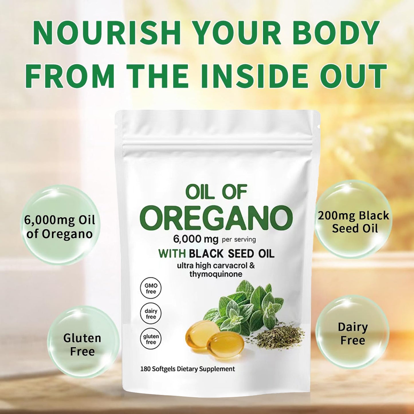 Butter soft capsules in a white pouch, featuring green accents and text highlighting ingredients and benefits.