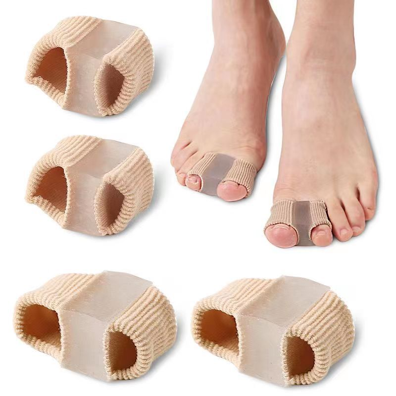 Fiber toe separator in beige, designed to fit between toes, shown on a foot and in three additional views.