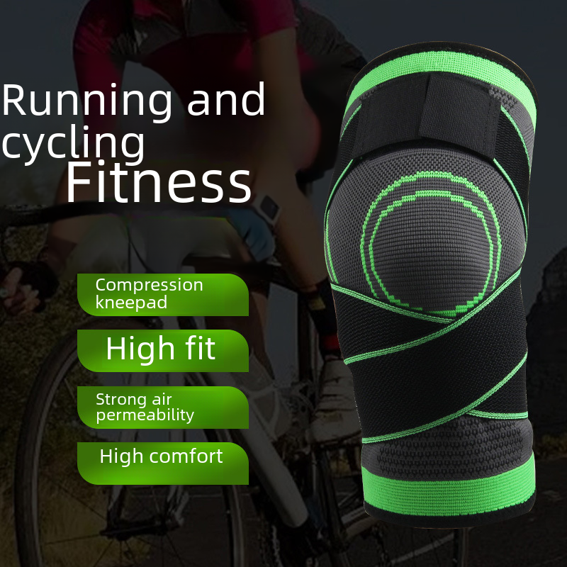 Men's compression knee brace by My Store, designed for sports and fitness, shown on a person's knee with adjustable straps.