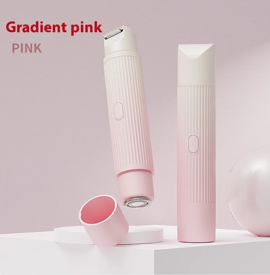 Dual-head electric shaver in gradient pink, featuring a trimmer and epilator, placed on a light surface with a round object.