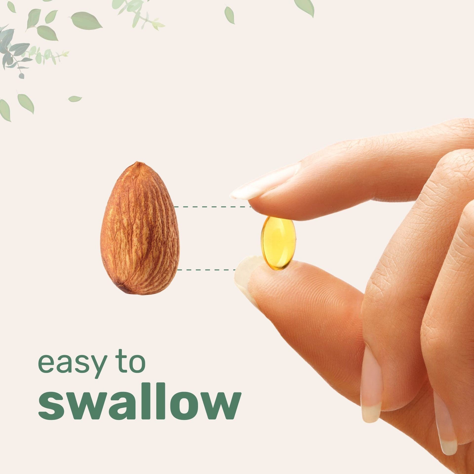 Butter soft capsule held between fingers, next to an almond, with "easy to swallow" text in green.
