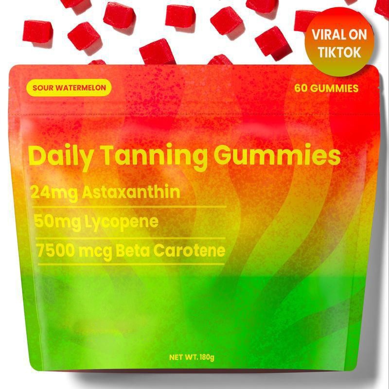 Sun Tanning Soft Gummies by My Store, 60 tablets, showing the colorful gummy supplements in a clear bottle.