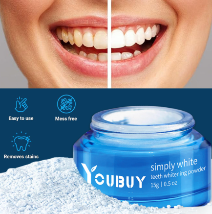 Whitening powder for teeth brightening, shown in a clear container with a scooping spoon, designed for at-home dental care.