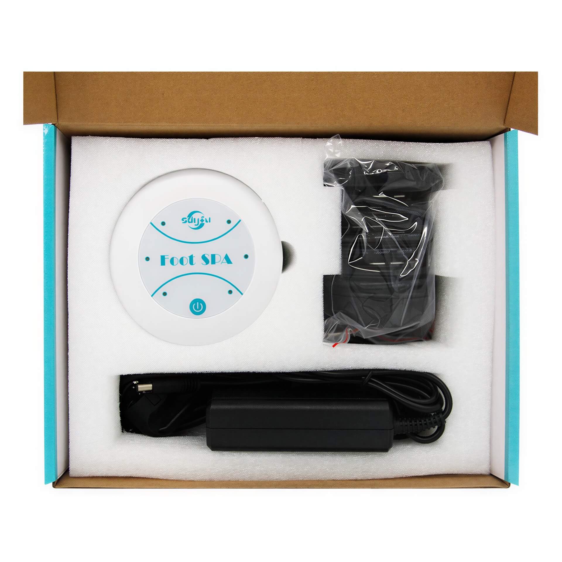Mini foot massager in a cardboard box, includes a round white device labeled "Foot Spa," power adapter, and cables.