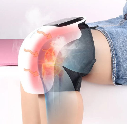 Electric relaxing knee massager by My Store with adjustable straps and heating function, shown on a person's knee for soothing relief.