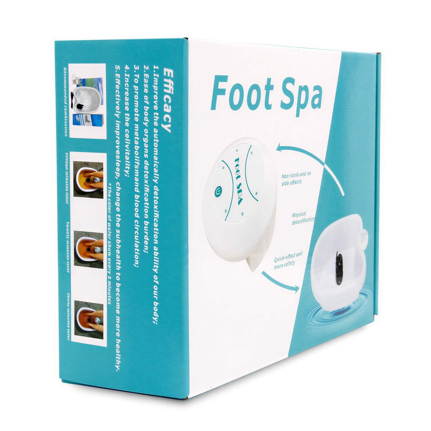 Mini foot massager box in blue, featuring product controls and illustrations of foot spa benefits on the side.