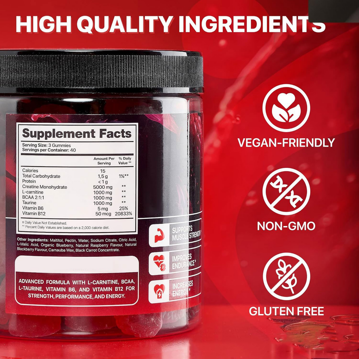 Active Thrive Muscle Boost Gummies featuring orange and berry flavors, colorful gummy vitamins on a white background.