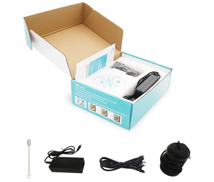 Mini foot massager in a blue and white box, includes power adapter and accessories for portable ion foot bath.