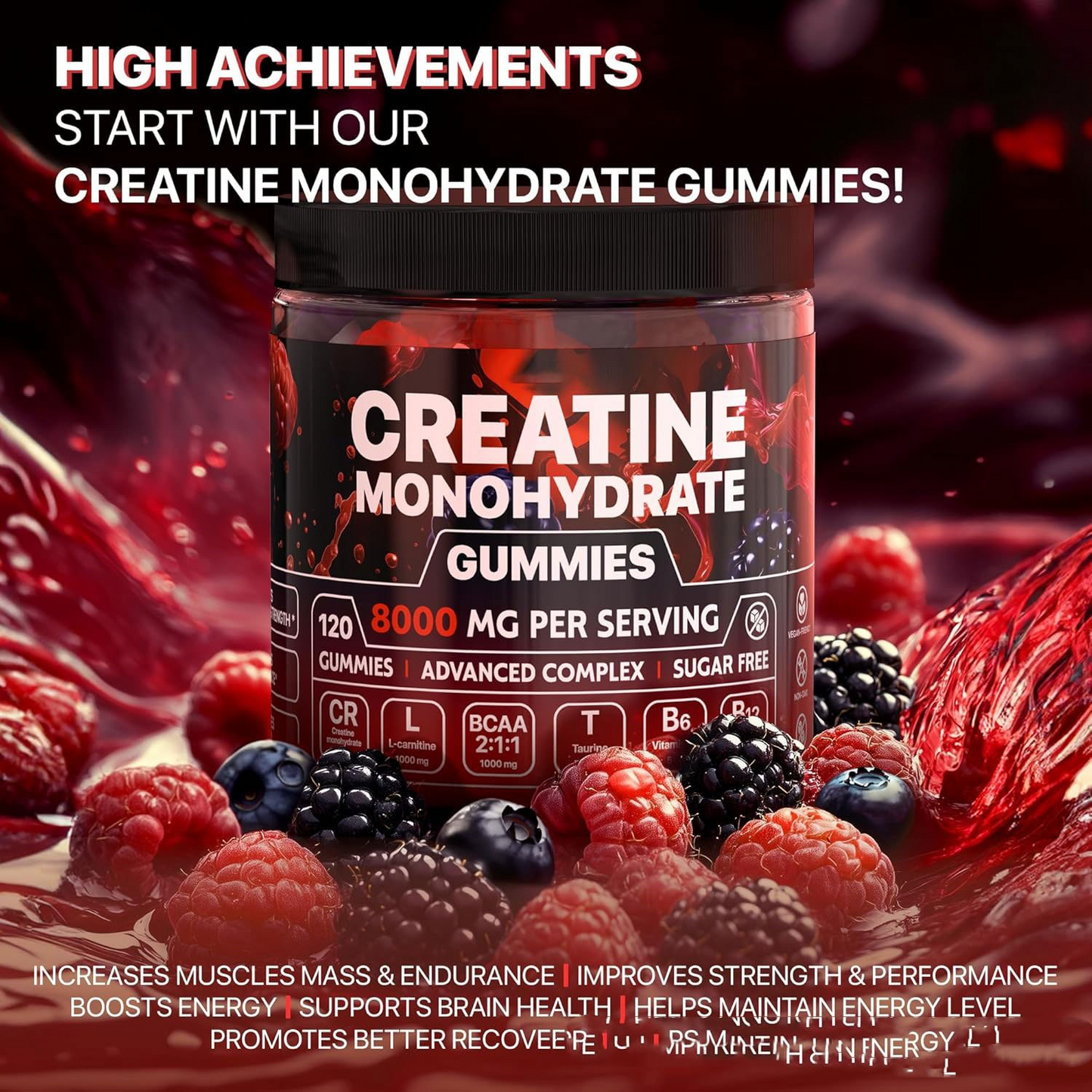 Active Thrive Muscle Boost Gummies displayed in a clear container with colorful gummy supplements for supporting muscle recovery.