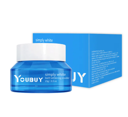 Teeth whitening brightening powder in a jar, showing the white powder with a natural, clean appearance.