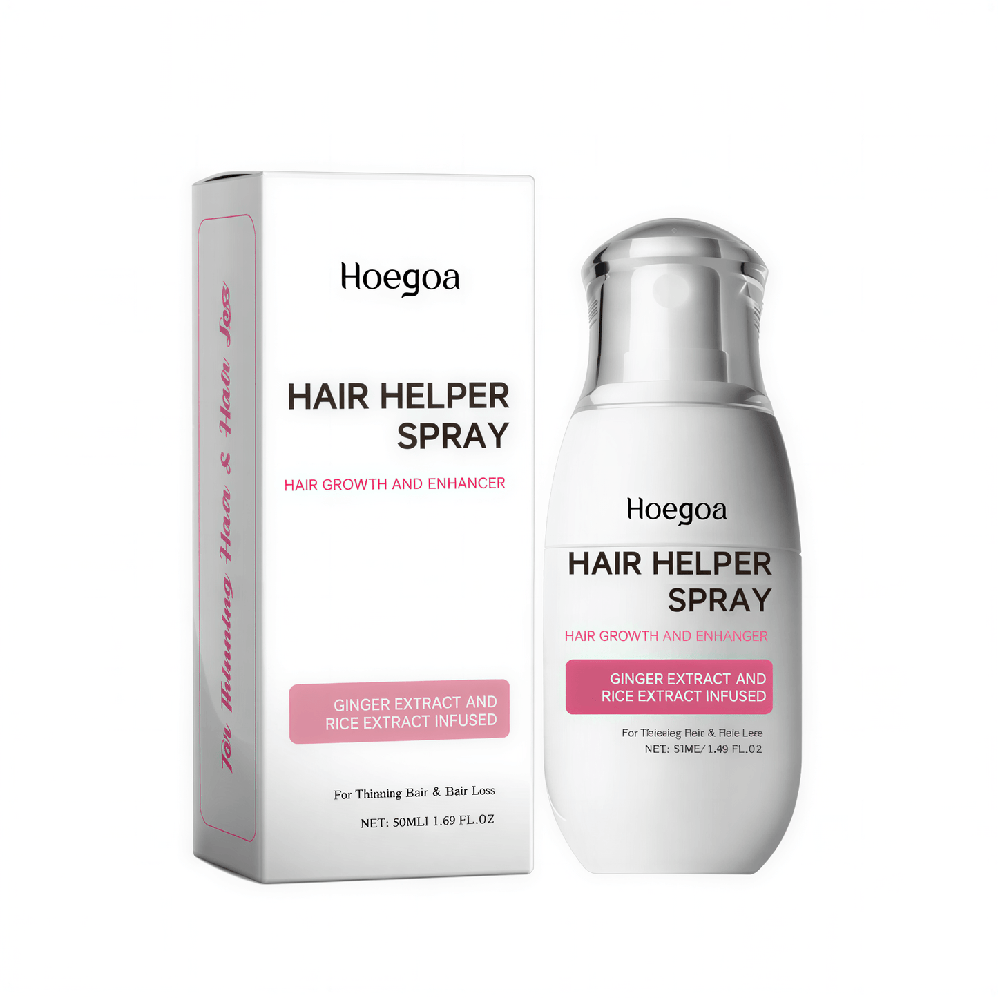 Hair growth spray bottle with a white pump, labeled "Hair Helper Spray," featuring ginger and rice extracts.