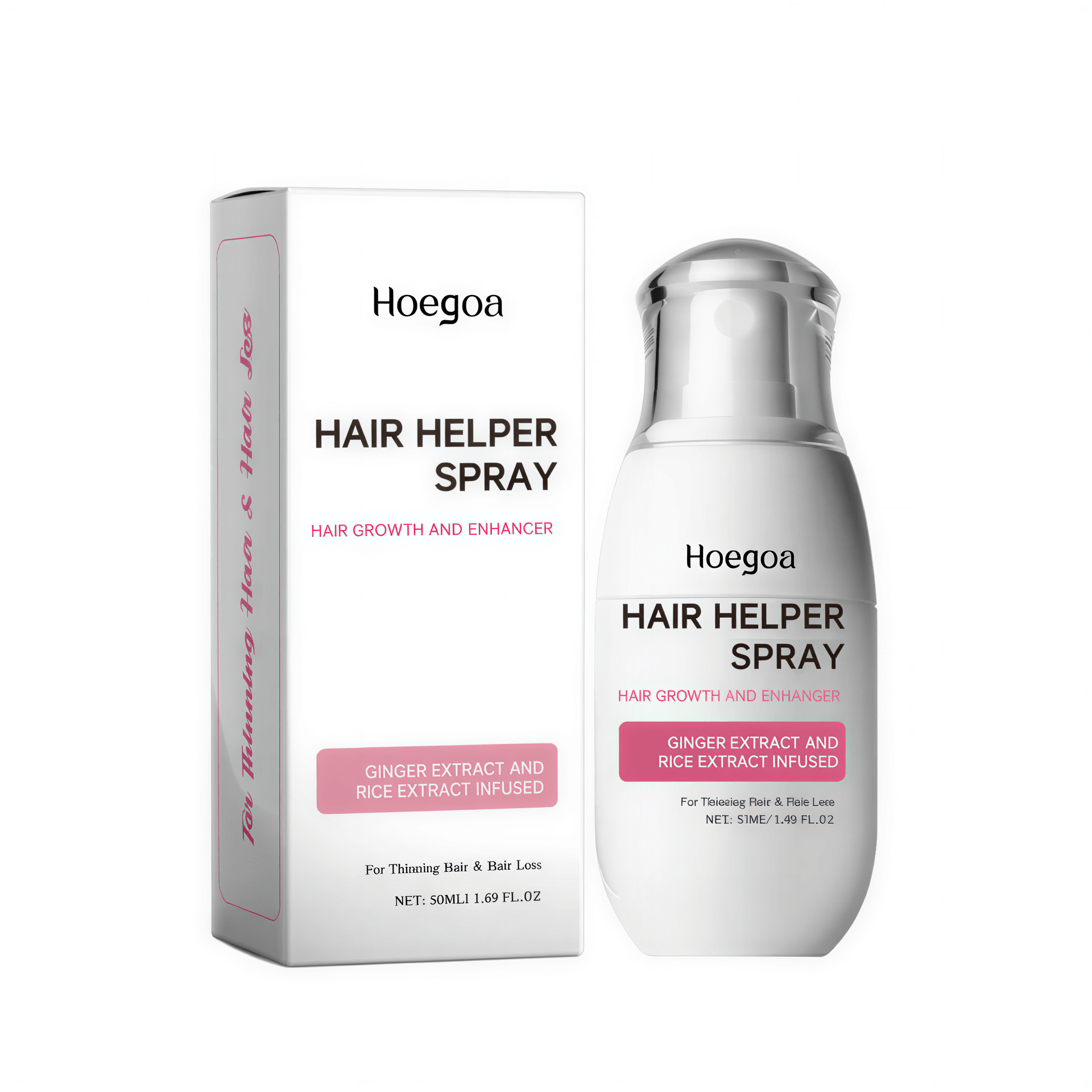 Hair growth spray bottle with a white pump, labeled "Hair Helper Spray," featuring ginger and rice extracts.